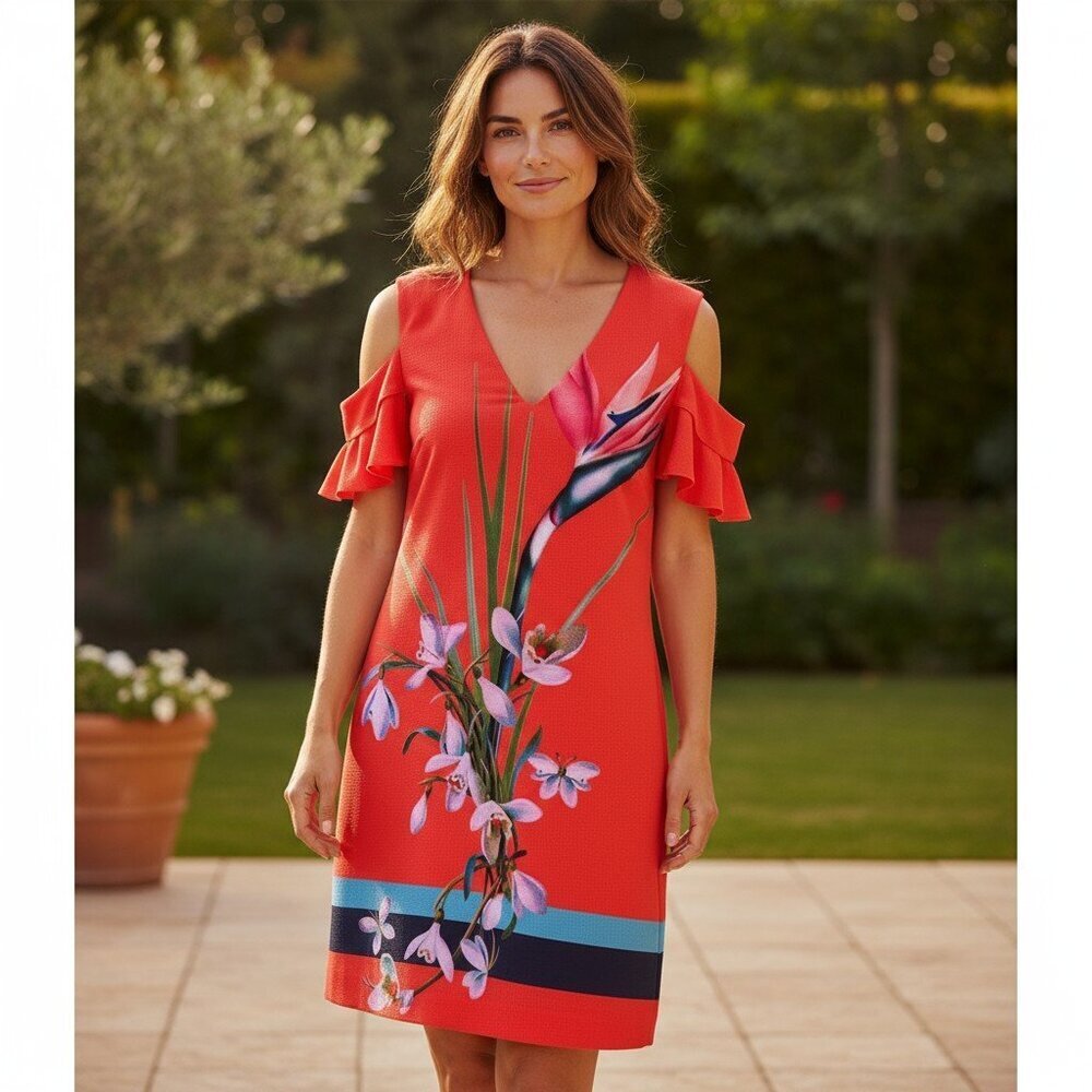 Ted Baker Leea Tropical Tunic Dress, Gold Back Zipper, Red Orange Floral, Medium